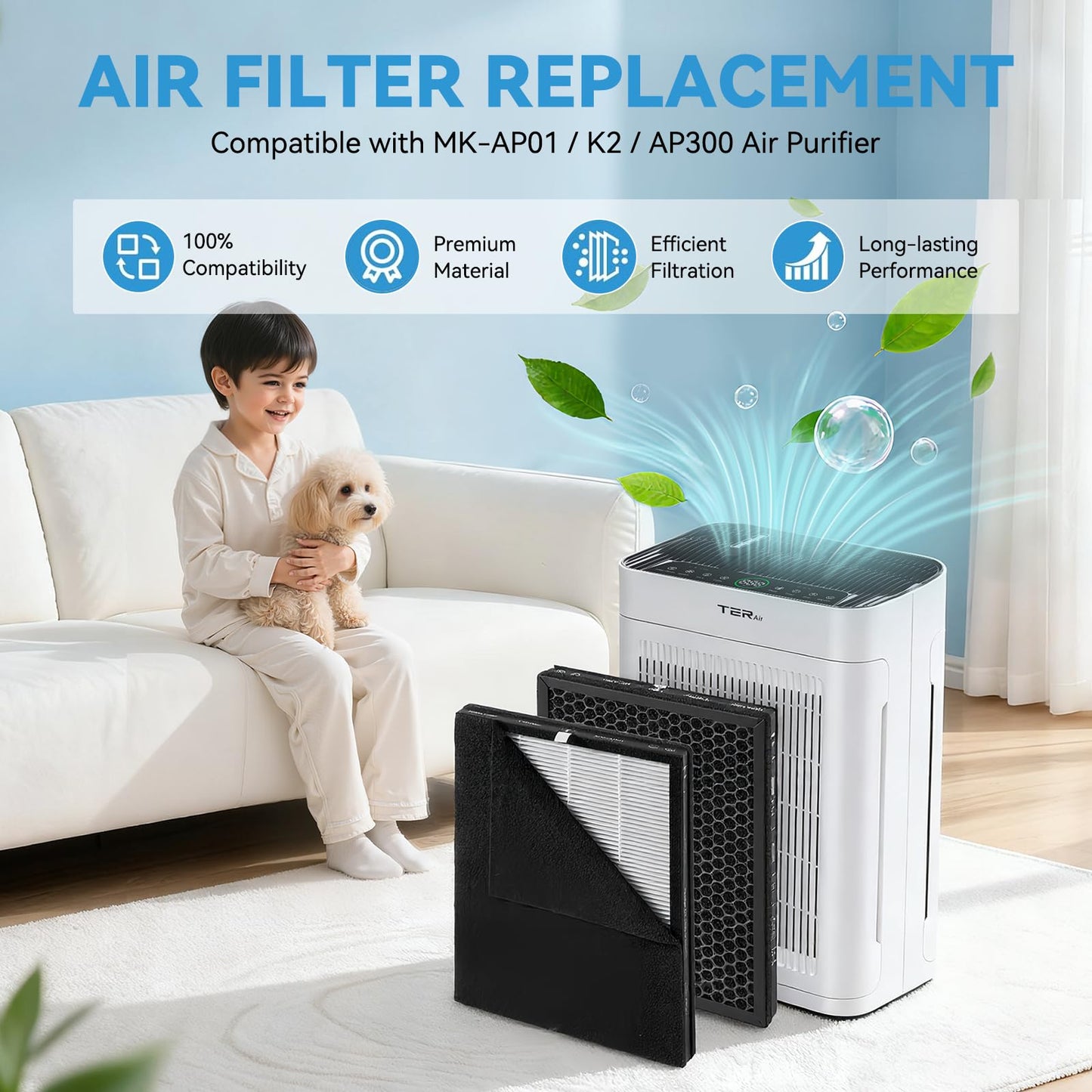 True 13 HEPA Filter Replacement Compatible with MK-AP01 / K2 / AP300 Air Purifier, H13 Grade, High Efficiency Replacement Filters for Pollen, Smoke, Dust, Pet Dander (2 Pack)