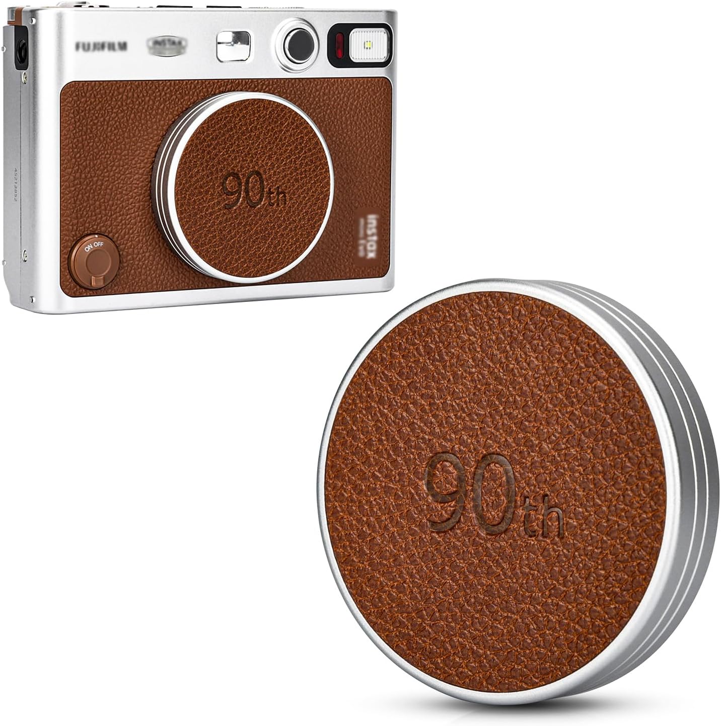 JJC Retro Leather Lens Cap for Fujifilm Instax Mini EVO, Brown Aluminum Anti-Dust Anti-Scratches Lightweight Camera