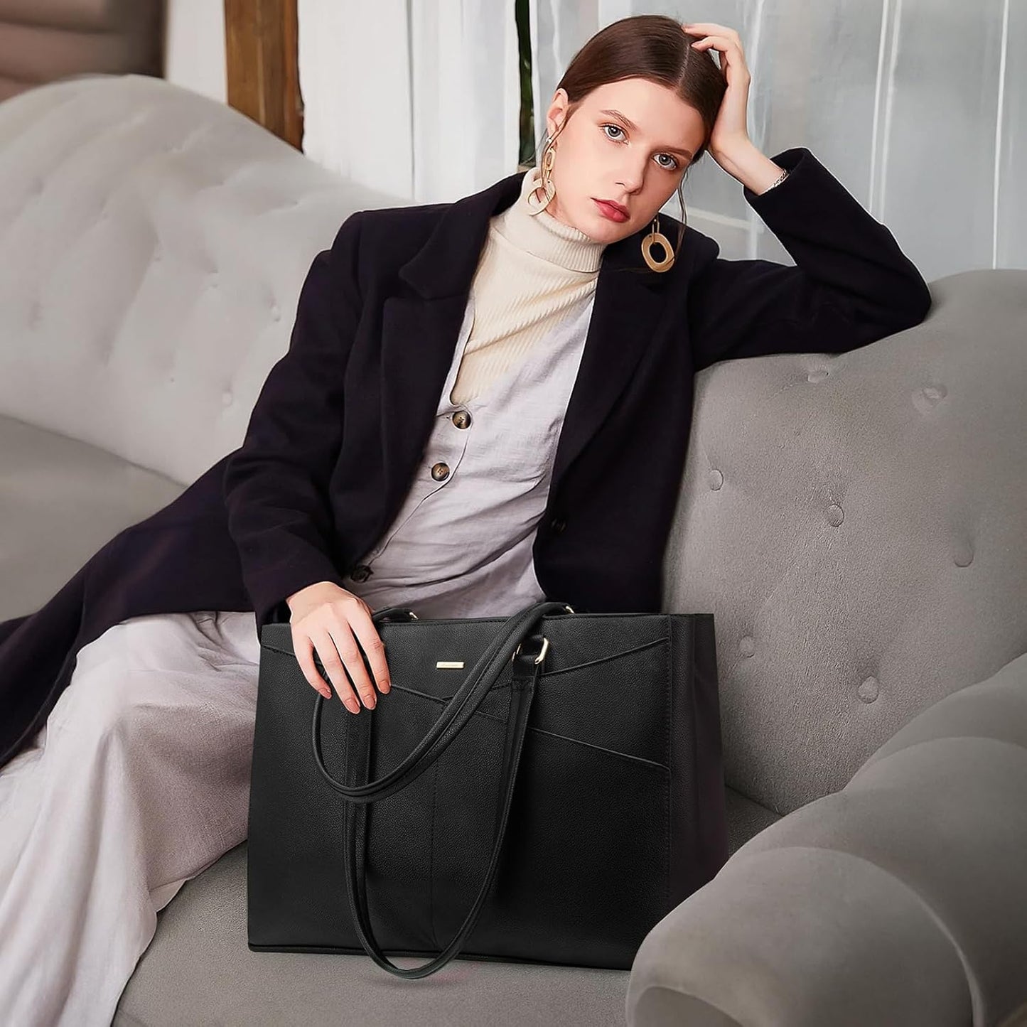 LOVEVOOK 15.6 Inch Laptop Tote Bag for Women Waterproof Leather Computer Bags Business Office Work Briefcase Black