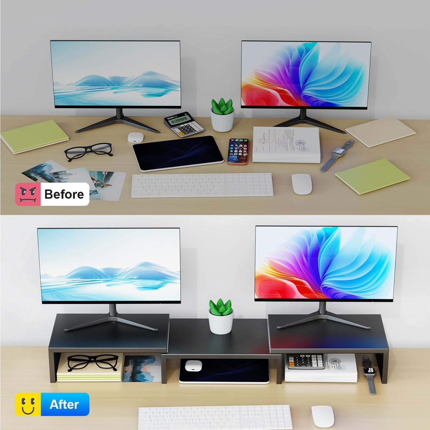 Black Metal Dual Monitor Stand - Ergonomic Desk Riser for Home and Office