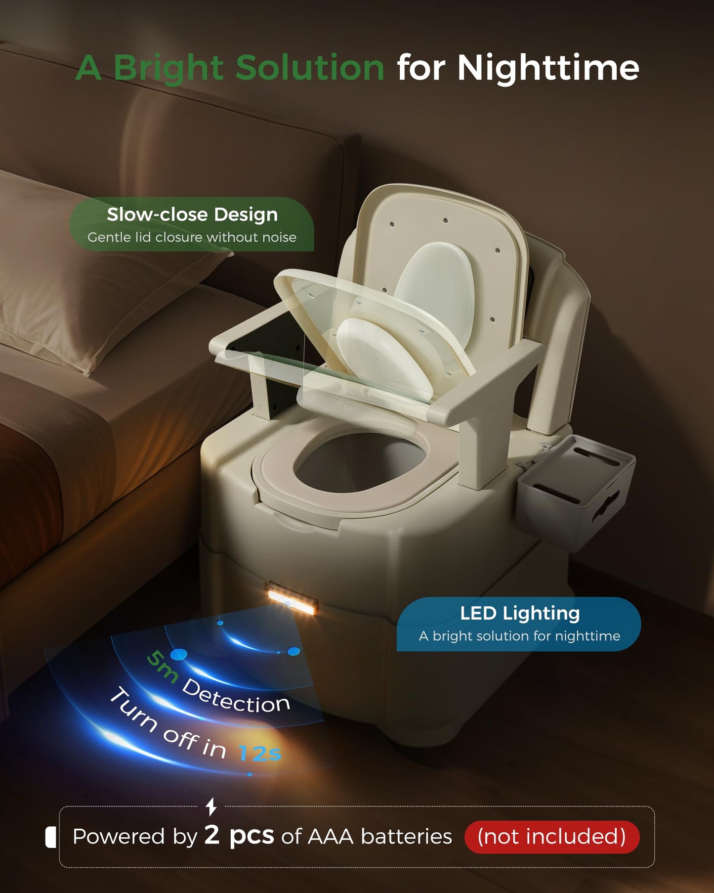 HygiVital Bedside Commode, 500lbs Heavy Duty & Upgraded Commode Toilet Potty Chair, Portable Camping Toilet, Detachable Armrests, Automatic LED Light, 2-Level Height, 3 Rolls of Commode Liners 【Green】