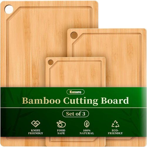 Kitchen Cutting Board Set - 3-Piece Wooden Boards with Juice Groove & Handles | Natural 0.4” Thick