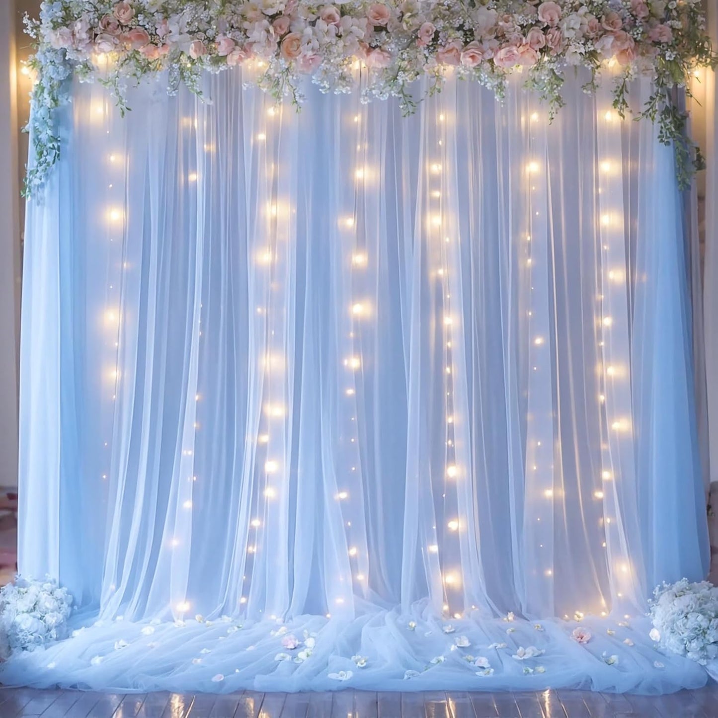 1012ft 2 512ft Baby Blue Sheer Tulle Backdrop Curtains with Lights String for Parties Baby Shower Decorations for Boy