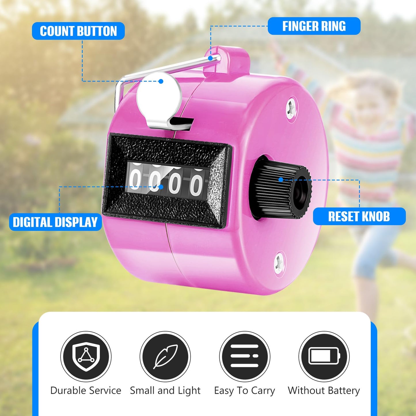 TOODOO 6 Pack Hand Tally Counter 4 Digit Mechanical Palm Clicker Plastic Hand Held Counter Clicker with Metal Finger Ring for School Golf Sports Events Office Stadium(Pink)