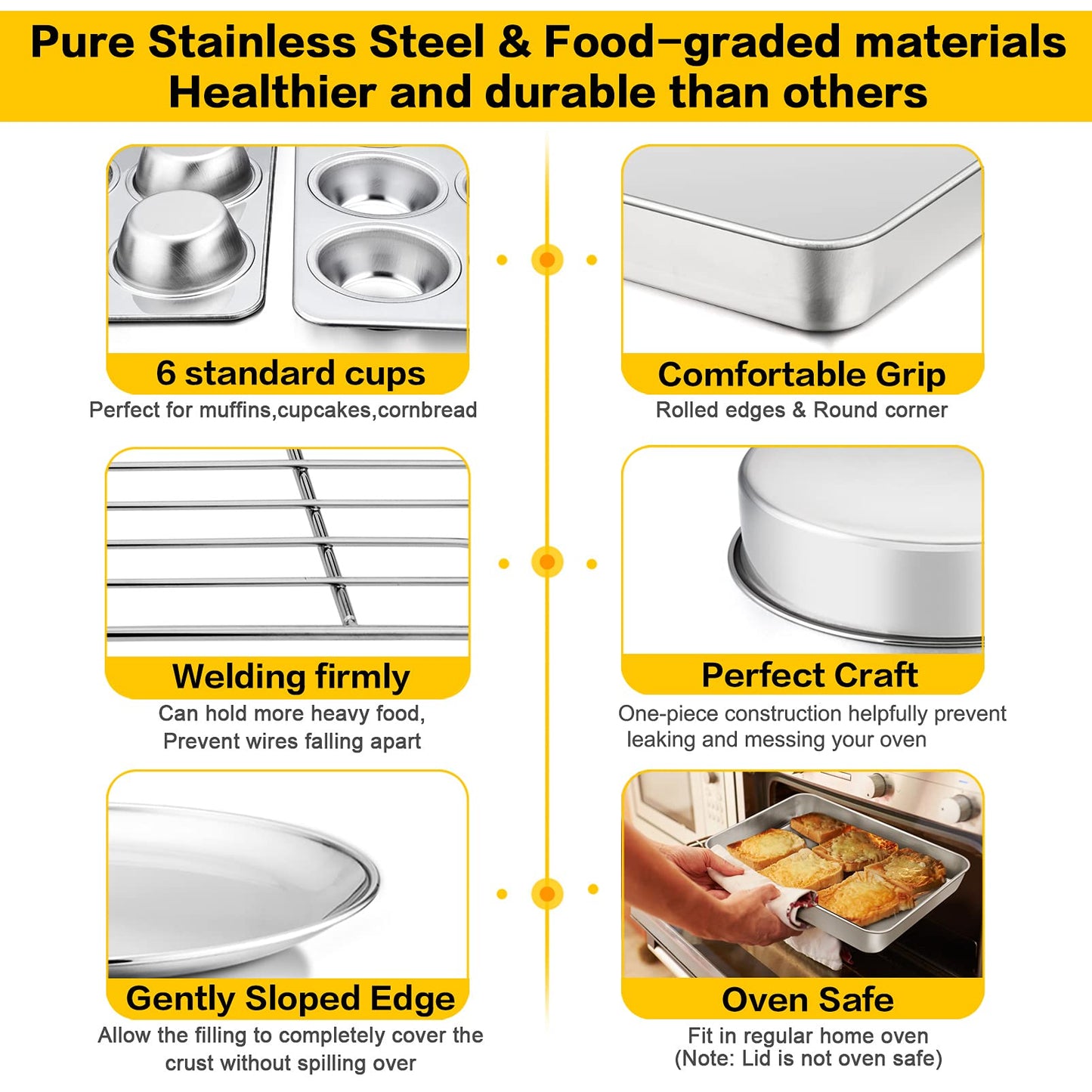 Bakeware Sets, P&P CHEF 9-Piece Stainless Steel Baking Pans Set, Round/Square Cake Pan, Toaster Oven Pan, Lasagna Pan, Loaf Pan, Pizza Pan, Muffin Pan, Dishwasher Safe & Durable, Healthy & Non-toxic