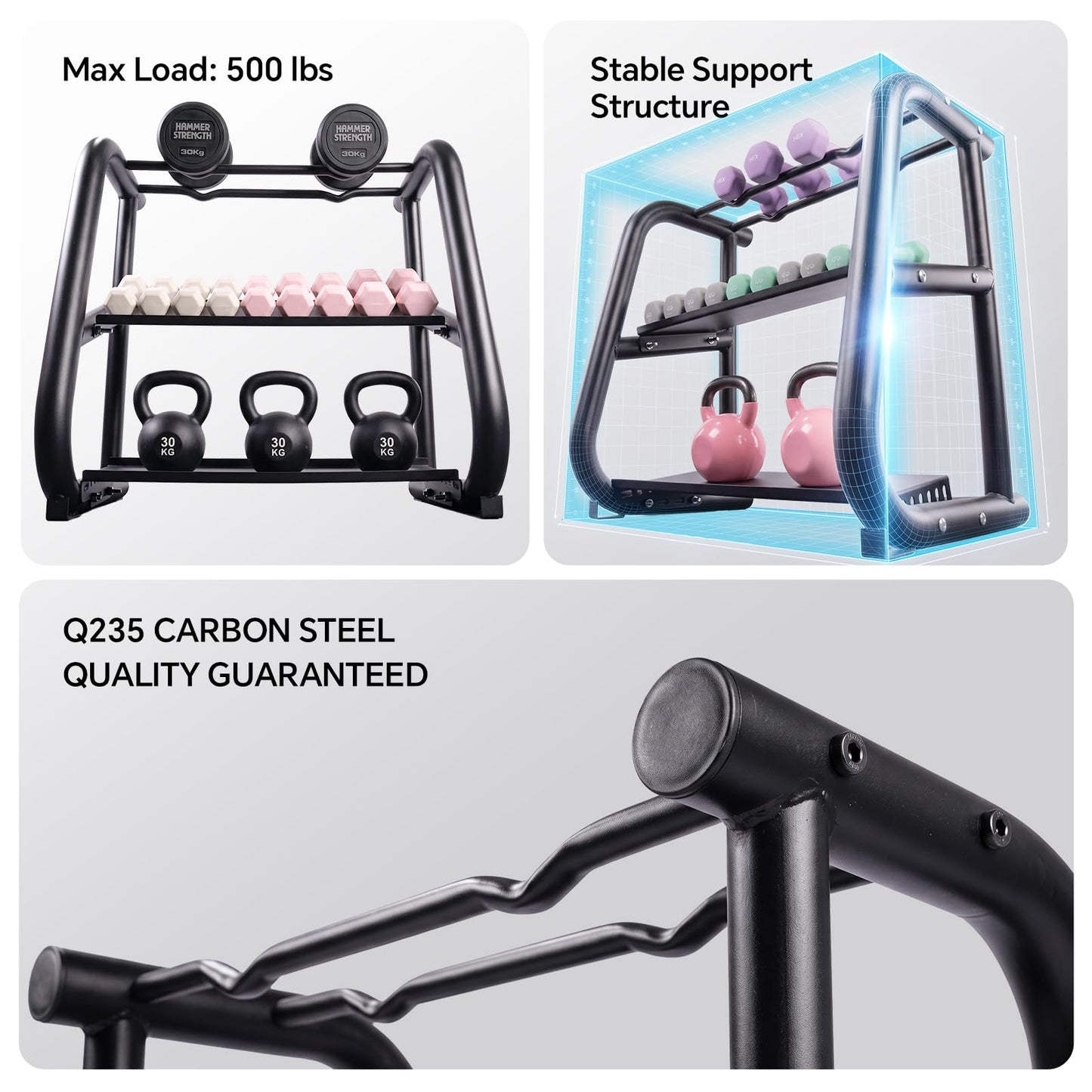 Home Gym Storage Rack, 3-Tier Heavy Duty Workout Equipment Organizer for Dumbbells, Kettlebells, Yoga Mats & Fitness Gear - Multi-Purpose Weight Rack for Garage and Home Gym Organization