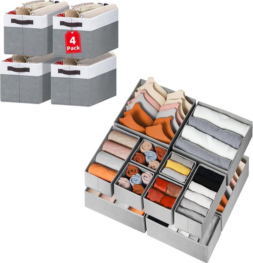 Criusia Drawer Organizer Set - 12 Pack with 4 Storage Baskets for Efficient Closet Organization