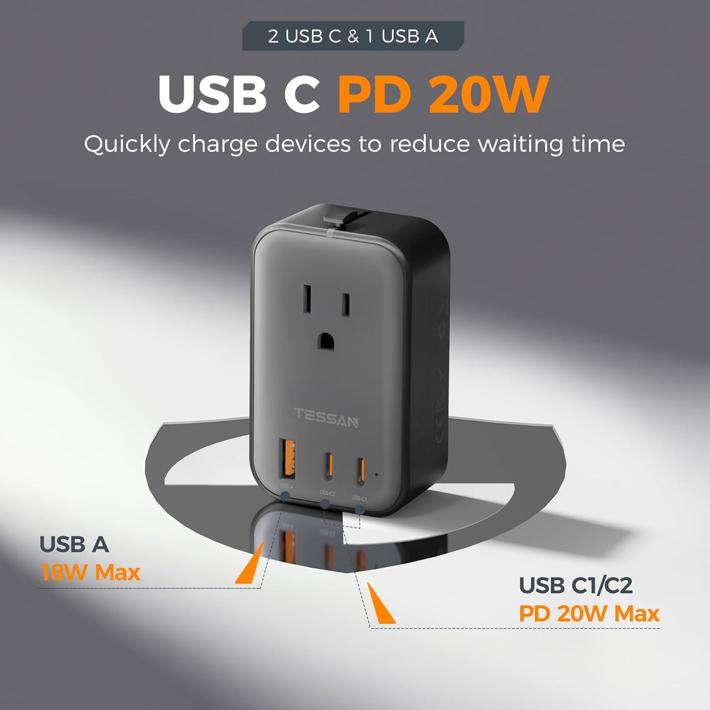 20W, 2 1 1 Pack TESSAN Travel Adapter PD Universal Power Adapter USB C USB A, Ultra Thin International Plug Adaptor