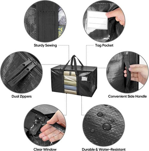 BALEINE Oversized Moving Bags - Heavy-Duty Storage Totes with Reinforced Handles | Black w/Window, 2-Pack