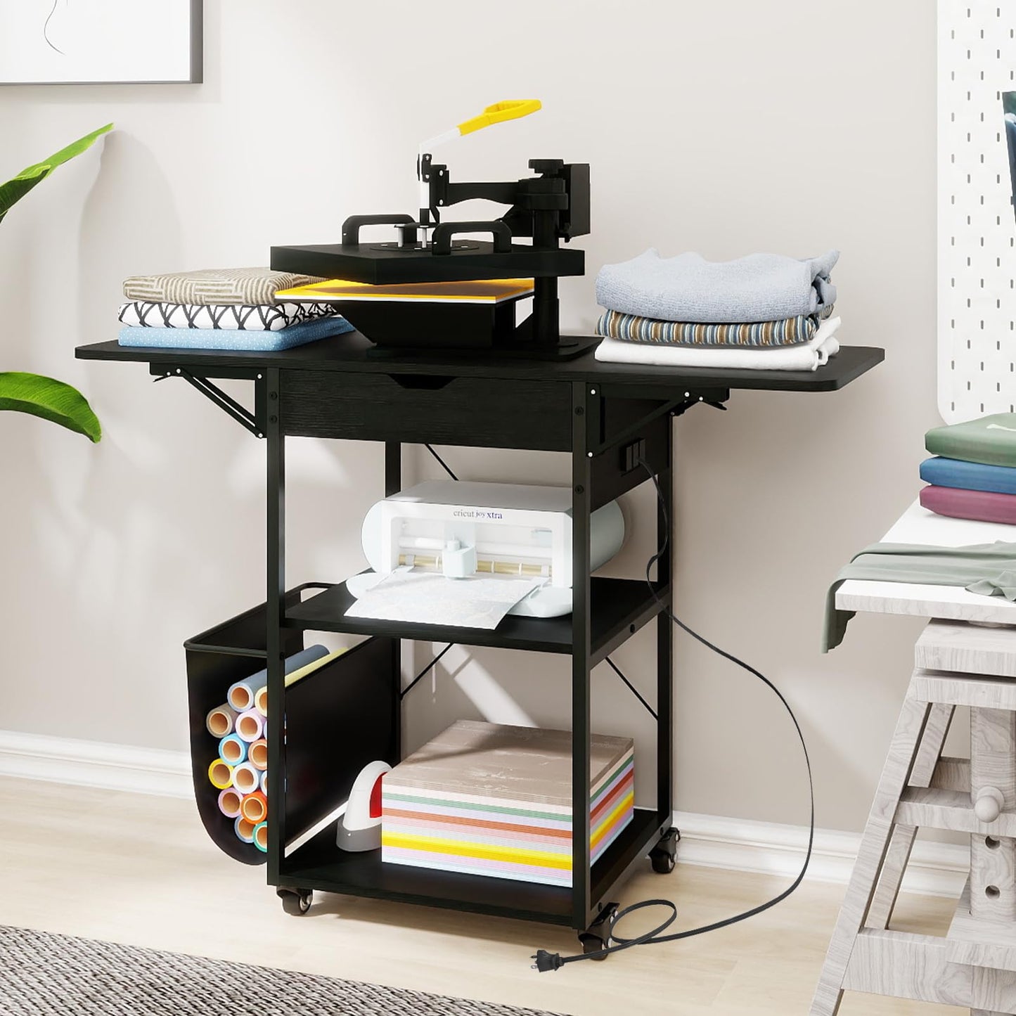 PUNCIA Foldable Heat Press Table with Drawers - Heavy Duty Heat Press Stand with Wheels for Easy Mobility Collapsible Heavy Duty Workbench for Sublimation, T-Shirts and Caps Heat Transfer Project