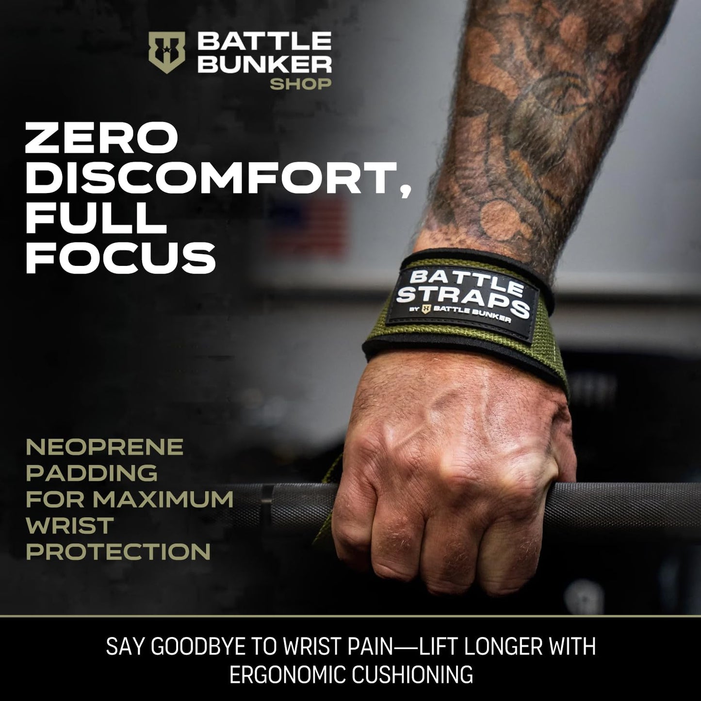 Battle Bunker Weightlifting Straps- Premium Padded Lifting Strap for Superior Grip & Comfort- Gym Straps for Deadlifts, Rows & Pull-Ups- Boost Strength & Reduce Grip Fatigue for Bodybuilding