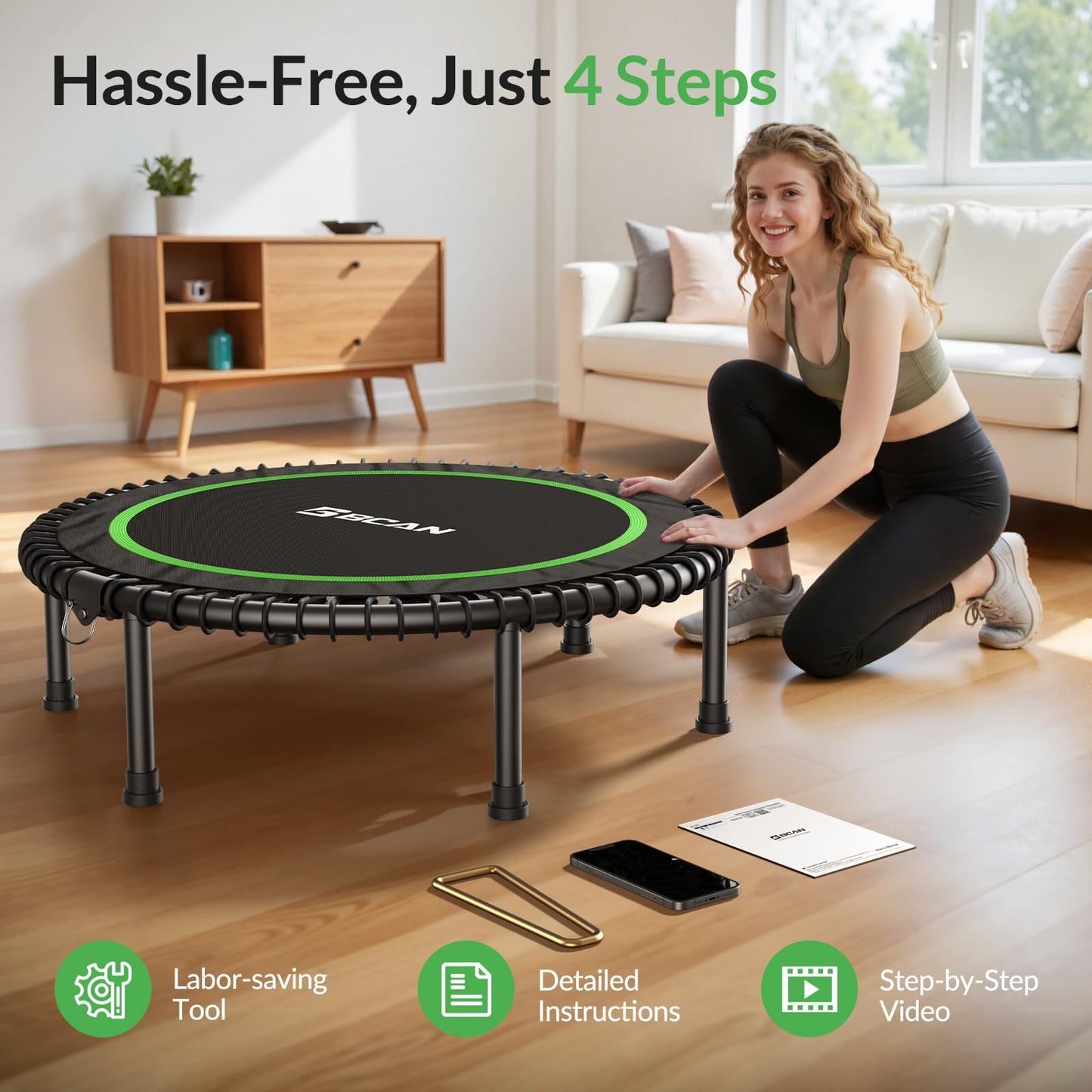 BCAN 40" Adult Fitness Trampoline with Durable Bungees, Stable & Quiet Exercise Rebounder,Great Mini Trampoline for Indoor/Garden Workout - Green