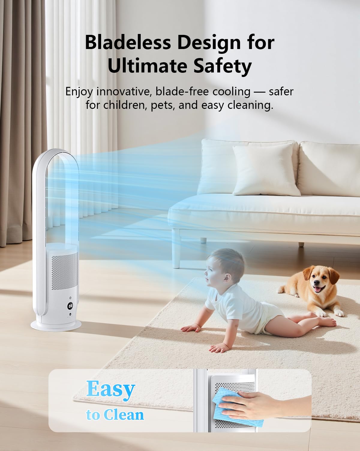 U ULTTY Bladeless Fan with Air Purifier, Quiet Tower Fan with Remote, Touch, 9 Speeds, 8H Timer, HEPA Filter 99.97%, 90° Oscillation Fans, Floor Fans Powerful for Home Office Room, CR022D White