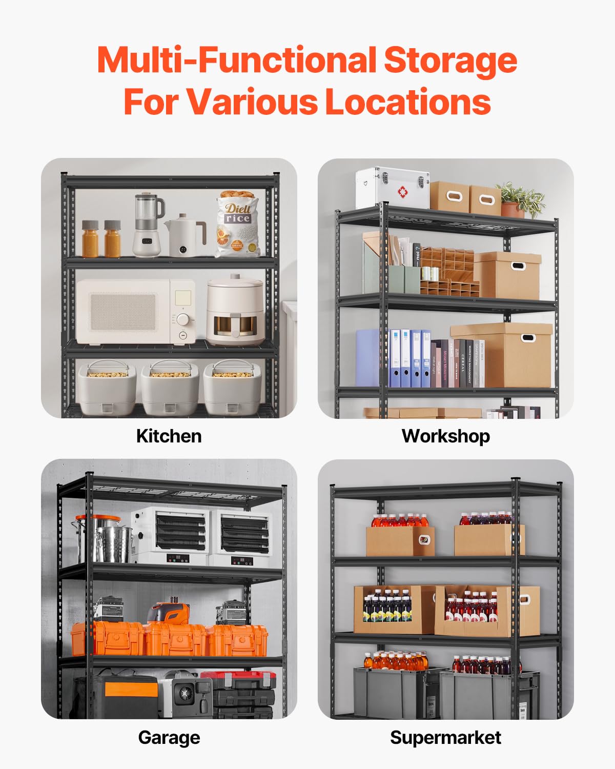 VEVOR Storage Shelves, 2500 lbs, 5 Tier Heavy Duty Garage Shelving, 18" D x 48" W x 72" H Adjustable Metal Shelves for Industrial Shelving Unit Utility Shelf, for Kitchen, Warehouse, Basement, Black