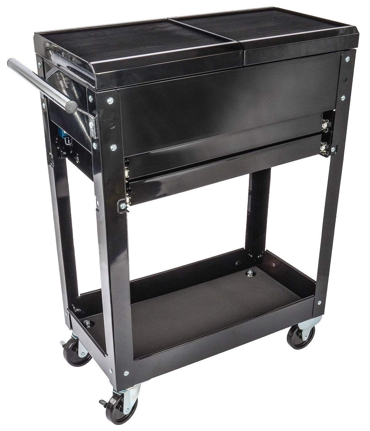 JEGS Heavy-Duty Tool Box Cart | 220 LBS Capacity | Uses Four 4" Caster Wheels | Includes 2 Keyes and 6 Drawer Liners | Black with JEGS Logo | 2 Locking Drawers | Sliding Top