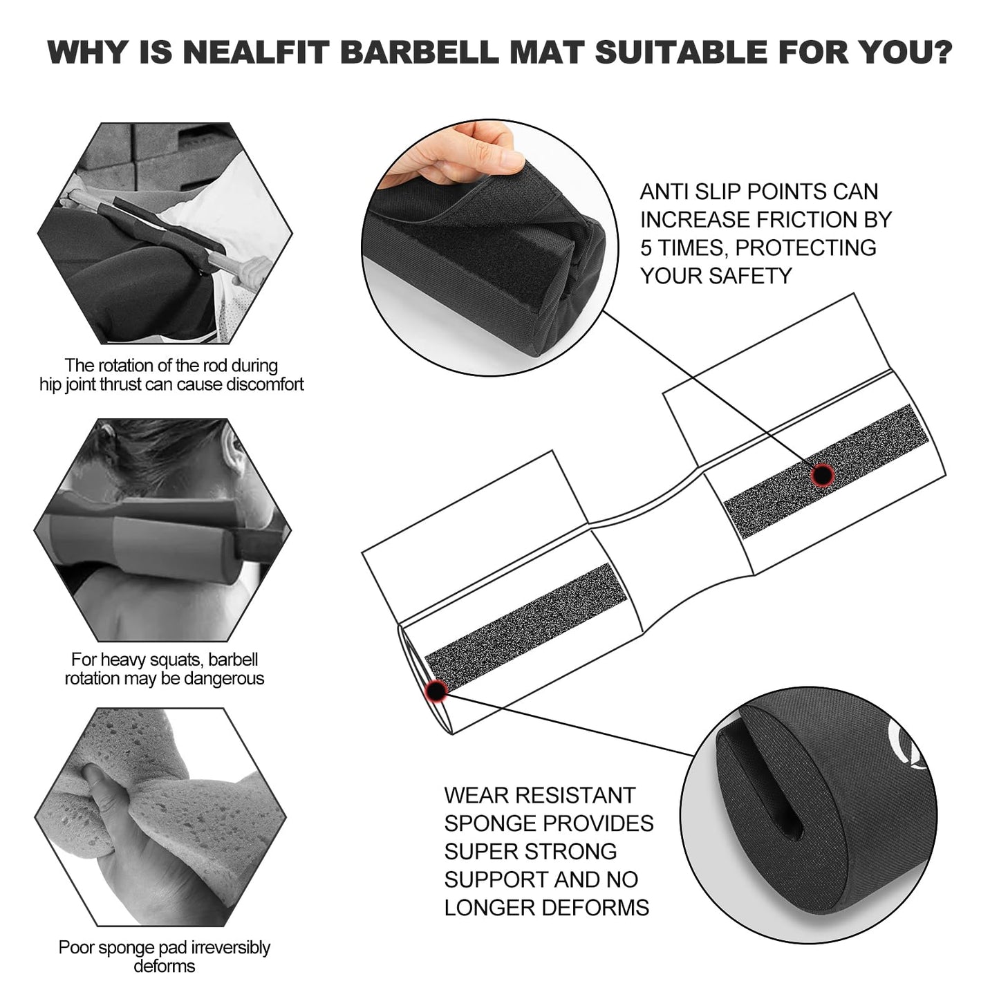 NEALFIT Barbell Squat Pad with Thick Nylon Padding, Hip Thrust Pad for Squats, Lunges, Neck Shoulder Squat Pad for Olympic or Standard Bars (Black)
