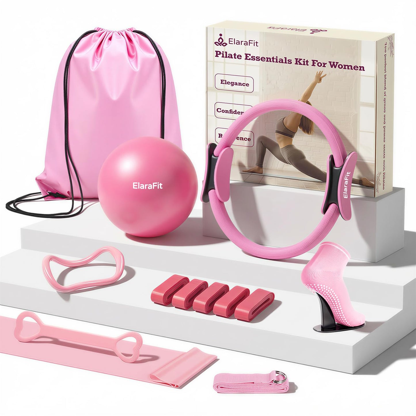 ElaraFit 13 Piece Pilates Kit for Women, Home Pilates Ring and Ball Set with 5 Resistance Bands, Stretch Strap, Arm Exerciser, Grip Socks, Storage Bag and Workout Guide, 13 Inch Magic Circle, All Pink