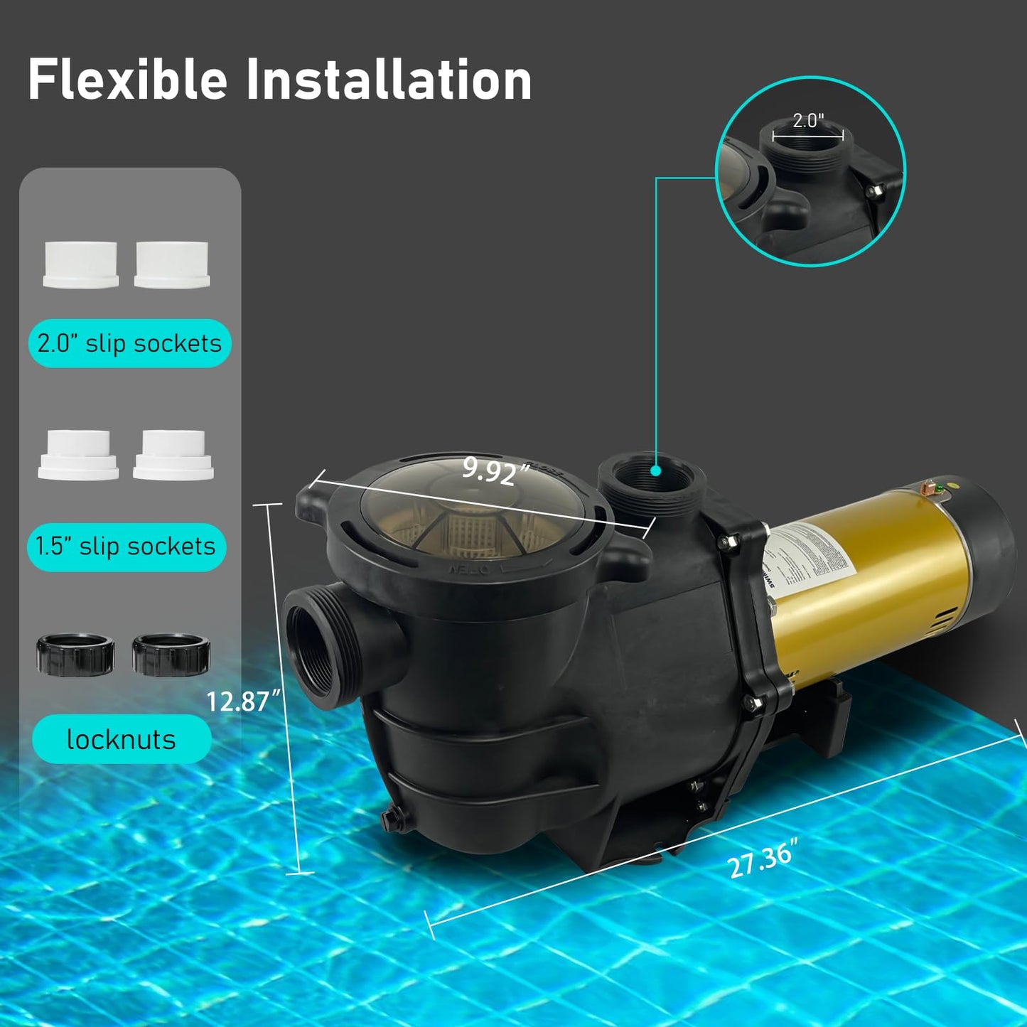 2.5HP Two Speed In/Above Ground Swimming Pool Pump, Original 2.0 inch Port Size, Comes with 1.5" and 2.0" pipe fittings, 8100GPH Qmax, 66FT Hmax, Thermal Protected Long Lifetime Pool Motor