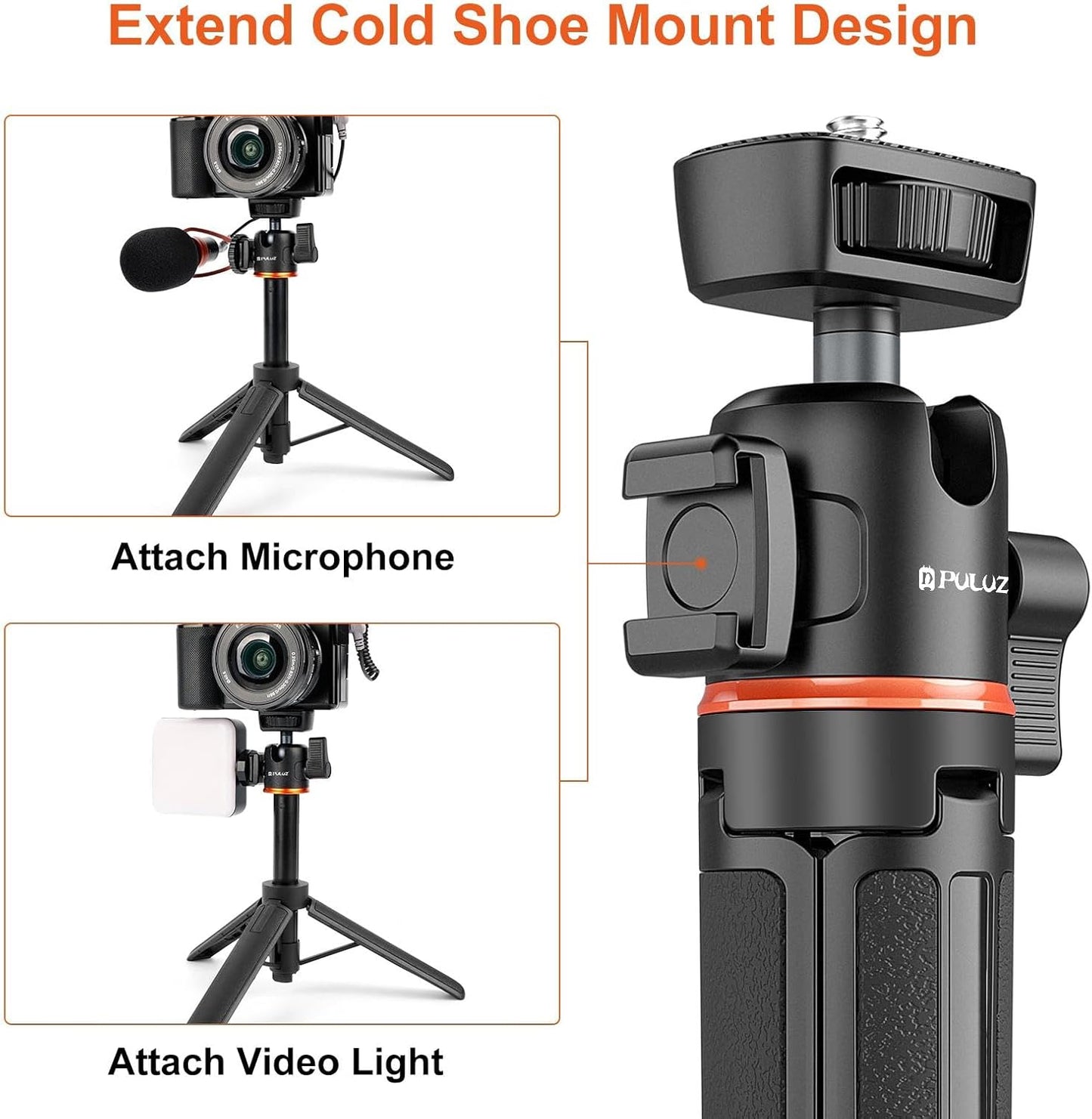 360 1/4 Inch 13 12 11/DJI 5 4 3/Insta360 PULUZ Camera Tripod Stand, Mini Desktop Aluminum Selfie Stick with Cold Shoe