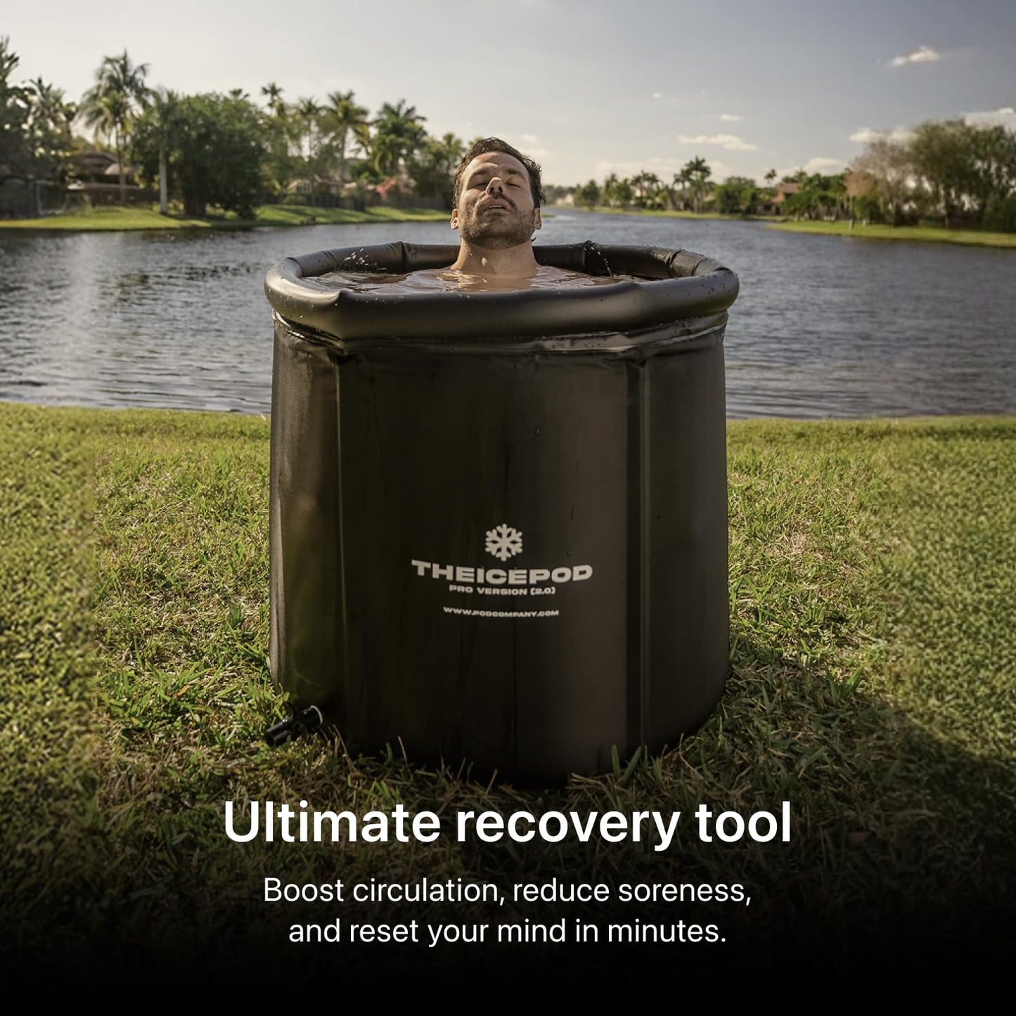 The Pod Company Ice Pod Pro Cold Plunge Tub, 110 Gallon (420L) Inflatable Ice Bath for Adults, Fits Up to 6'7", Insulated, Chiller Compatible, BPA-Free, UV-Resistant Nylon, Dual Drain Hoses