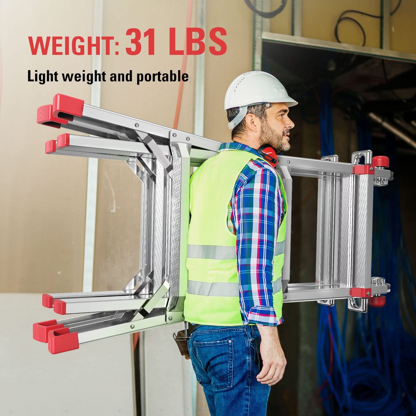 ECOMAX Folding Ladder, 13 ft Aluminum Extension Ladder, 300 lbs Load Capacity, Portable Telescoping Ladder with Non-Slip Rubber, Multi-Position Step Ladders, for Working Indoor/Outdoor EM4X3L2