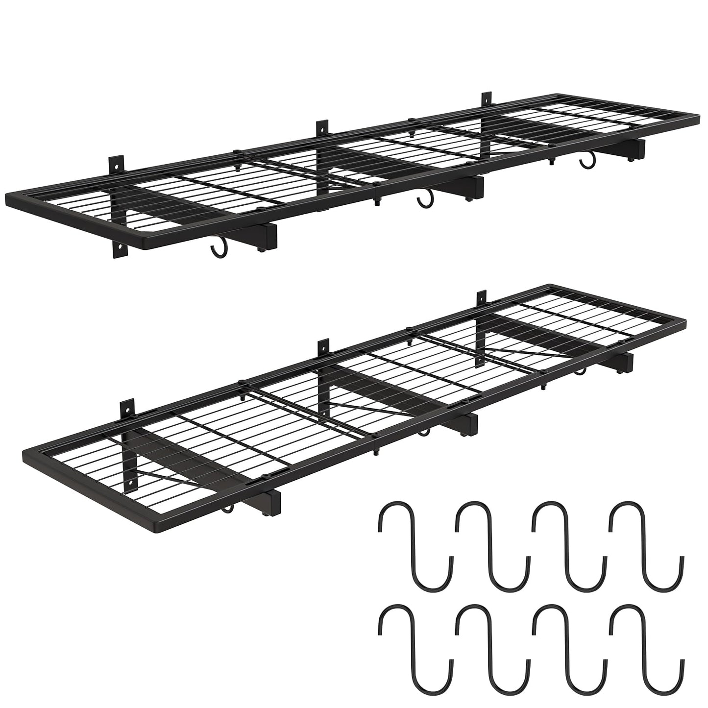 2 Pack Garage Wall Shelves, 46"X 12.5" Garage Shelving Wall Mounted, Heavy Duty Shelf Organizer with 8 Hooks, Black Floating Storage Metal Rack 320 LBS Capacity for Laundry Room, Office, Basement