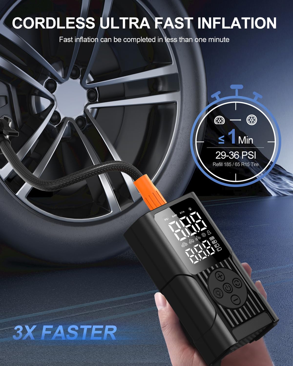 QQVVKK Tire Inflator Portable Air Compressor - 150PSI Cordless Air Pump for Car Tires, 3X Faster Electric Bike Pump with Digital Gauge & Auto Shut Off, LED Light, Power Bank