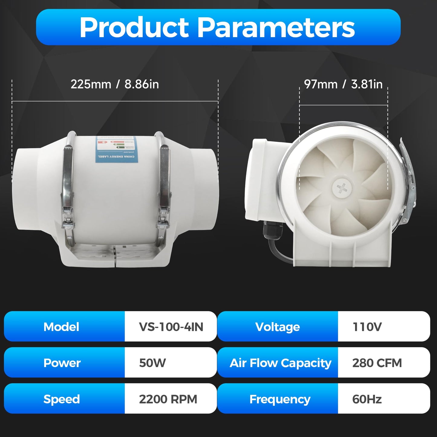 Voltset 4 Inch Duct Fan, Inline Ventilation Exhaust Fan, 280 CFM Duct Intake High Efficiency Air Fan for Vent Bathroom, Kitchen, Grow Tent, Hydroponics, 3D Printer