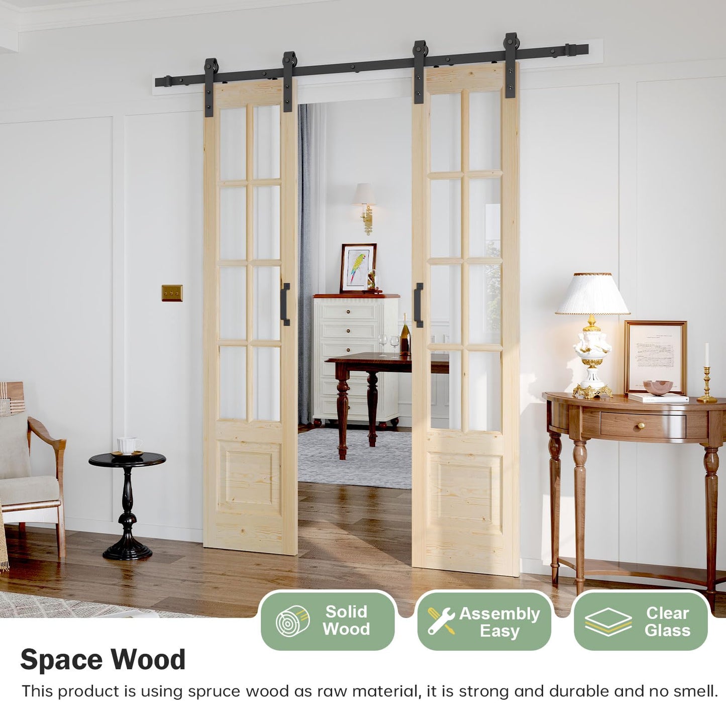 Roymelo Preassembled 36x84 (Double 18x84) Inch Clear Glass French Interior Door with 6.6Ft Barn Door Hardware Kit Included, Spruce Wood Support DIY Dyeing, Easy Assembly