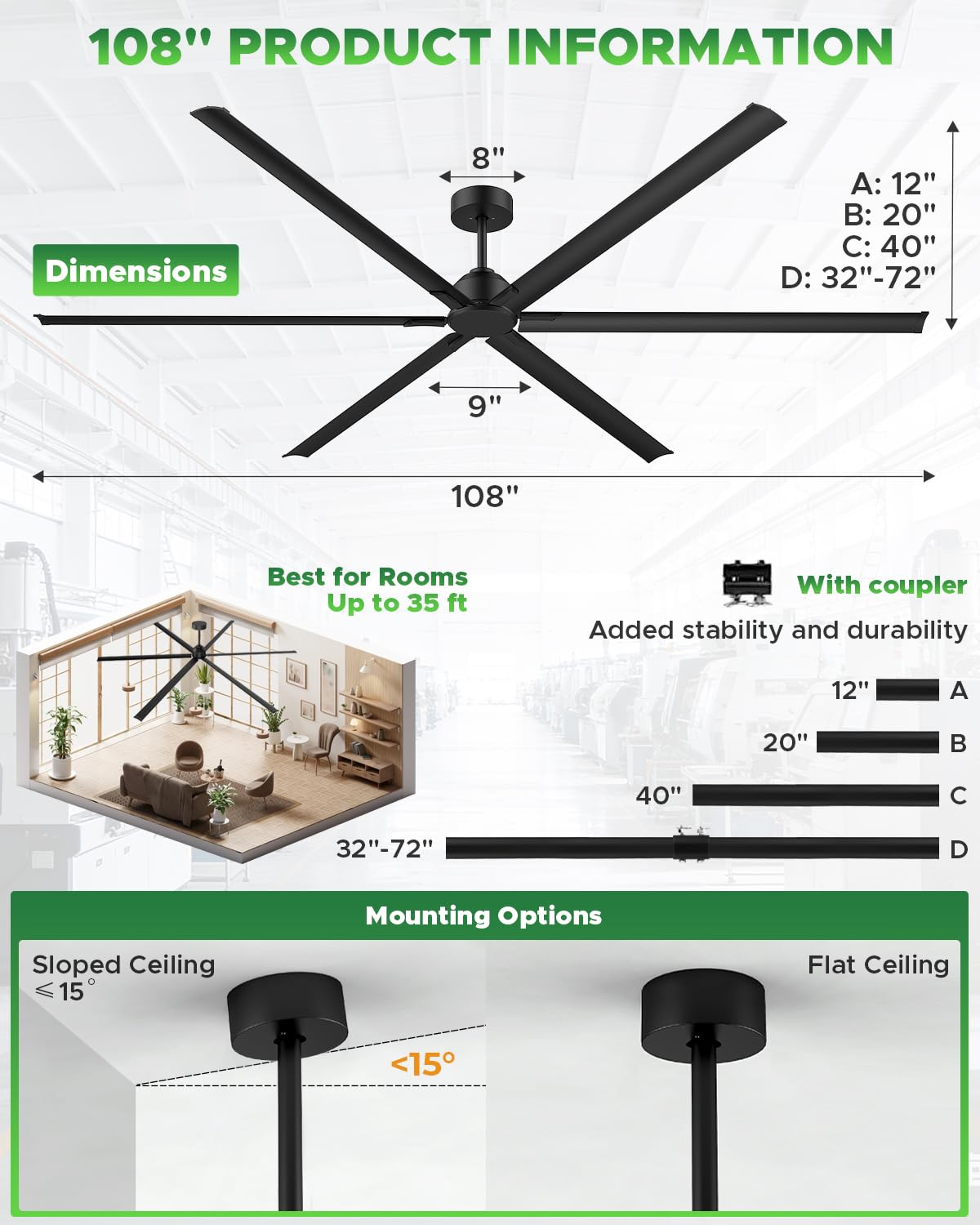 HVLS Large 108 Inch Industrial Ceiling Fan, Big Assed Commercial Ceiling Fan With Remote, Adjustable Height, 8 Blade DC Motor, Ceiling Fan Without Light, Garage Fan For Shop, Porch, Patio, Warehouse