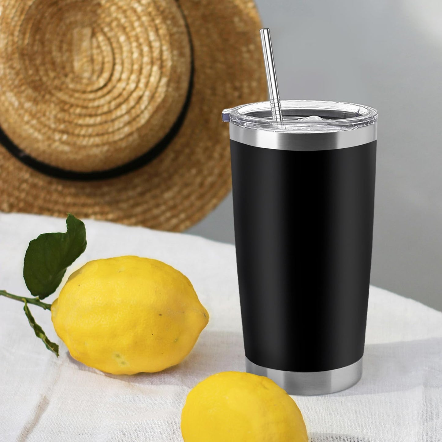 YOUKE OLA 12 Pieces Insulated Coffee Tumbler Blank Stainless Steel Double Wall Vacuum Travel Tumbler Cup with Lid and Straw for DIY Gift, Black 20oz