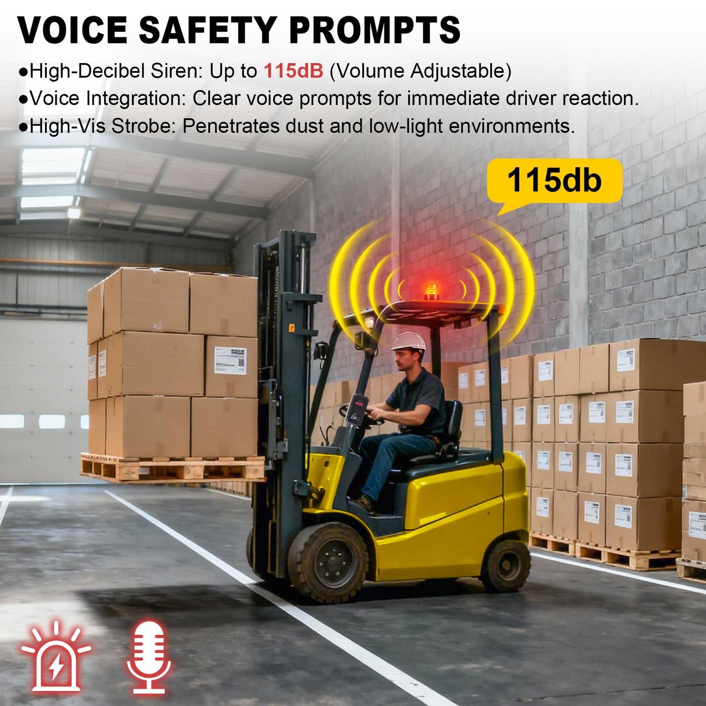 eTzone Forklift Overspeed Alarm System with 3-Level Speed Alert, 115dB Siren Warning Light, Admin-Only Remote, IP65 Waterproof for Warehouse Industrial Safety, DC 12-48V