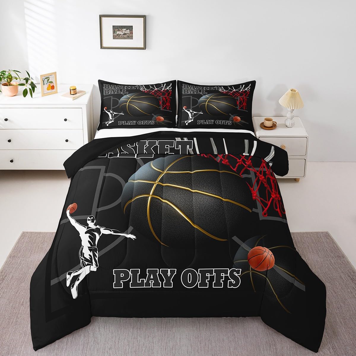 Basketball Room Bedding for Boys Sport Dunk Basketball Comforter Set Queen Size for Kids Teens, 3D Black Ball Printed Bedding Comforter Sets Sport Game Ball Theme Duvet Insert Basketball Player Quilt