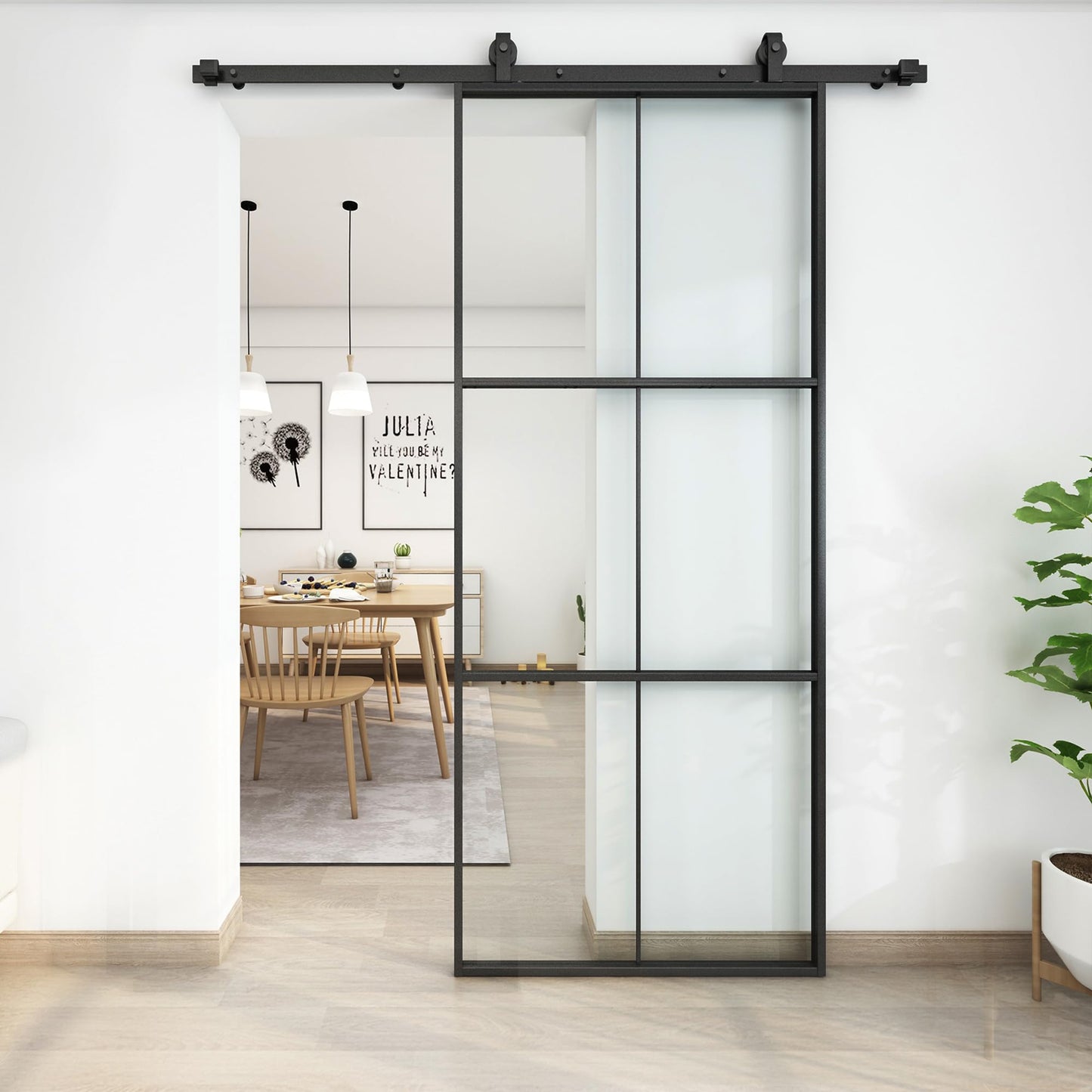 JUBEST 34in x 84in Glass Sliding Barn Door with 6ft Hardware kit, 3-Panel Black Aluminum Frame and Clear Tempered Glass Modern French Door, Easy to Install