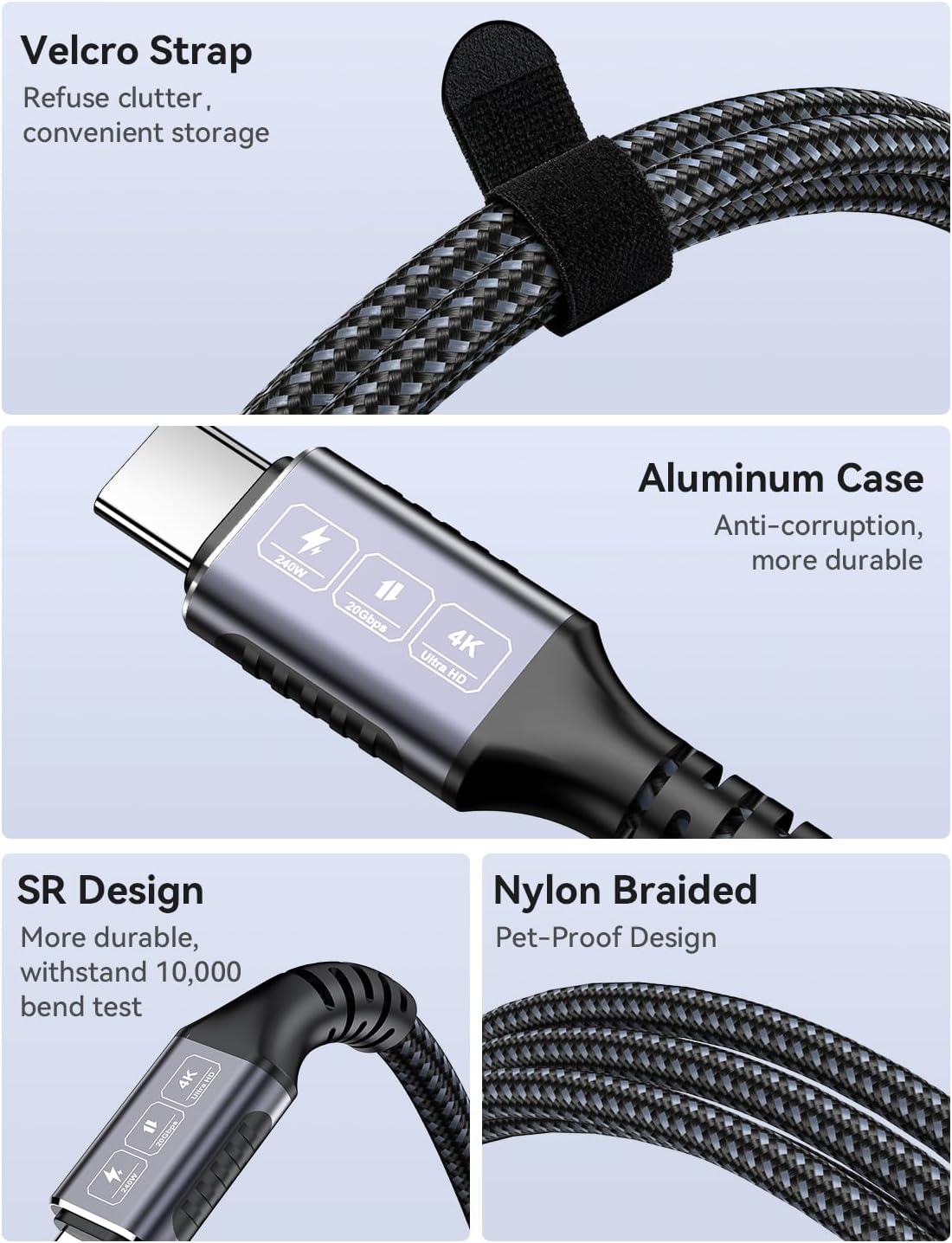 Bawanfa 20Ft, 20Gbps 240W 4K@60Hz 17, USB C to USB C Cable Data Transfer, PD Fast Charging, Video Support, Durable