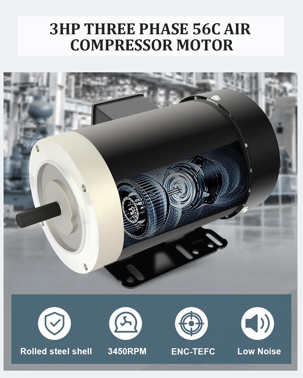 Electric Motor 3HP, Air Compressor Motor, 3450RPM General Purpose Motor,Three Phase Motor 230V/460V CW/CCW 5/8" Shaft Diameter TEFC 2Pole 60HZ