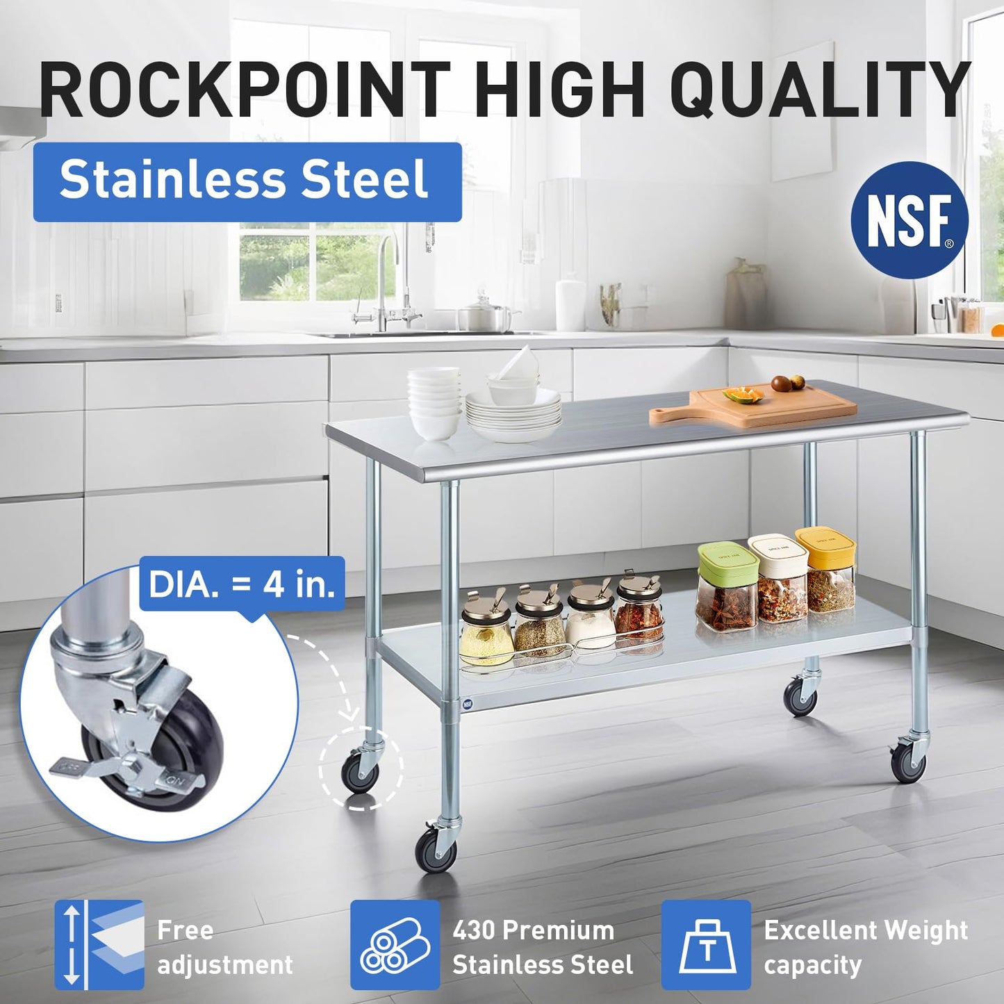 ROCKPOINT Stainless Steel Table for Prep & Work with Caster Wheels 24x30 Inches, NSF Metal Commercial Kitchen Heavy Duty Table with Adjustable Under Shelf and Table Foot for Restaurant, Home and Hotel