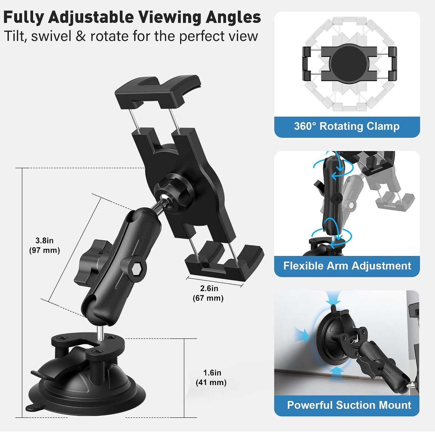 Keuvirya 4.7-12.9" 12.9 360 Heavy Duty Aluminum iPad Suction Mount for Truck Car, Anti-Shake Dashboard Windshield