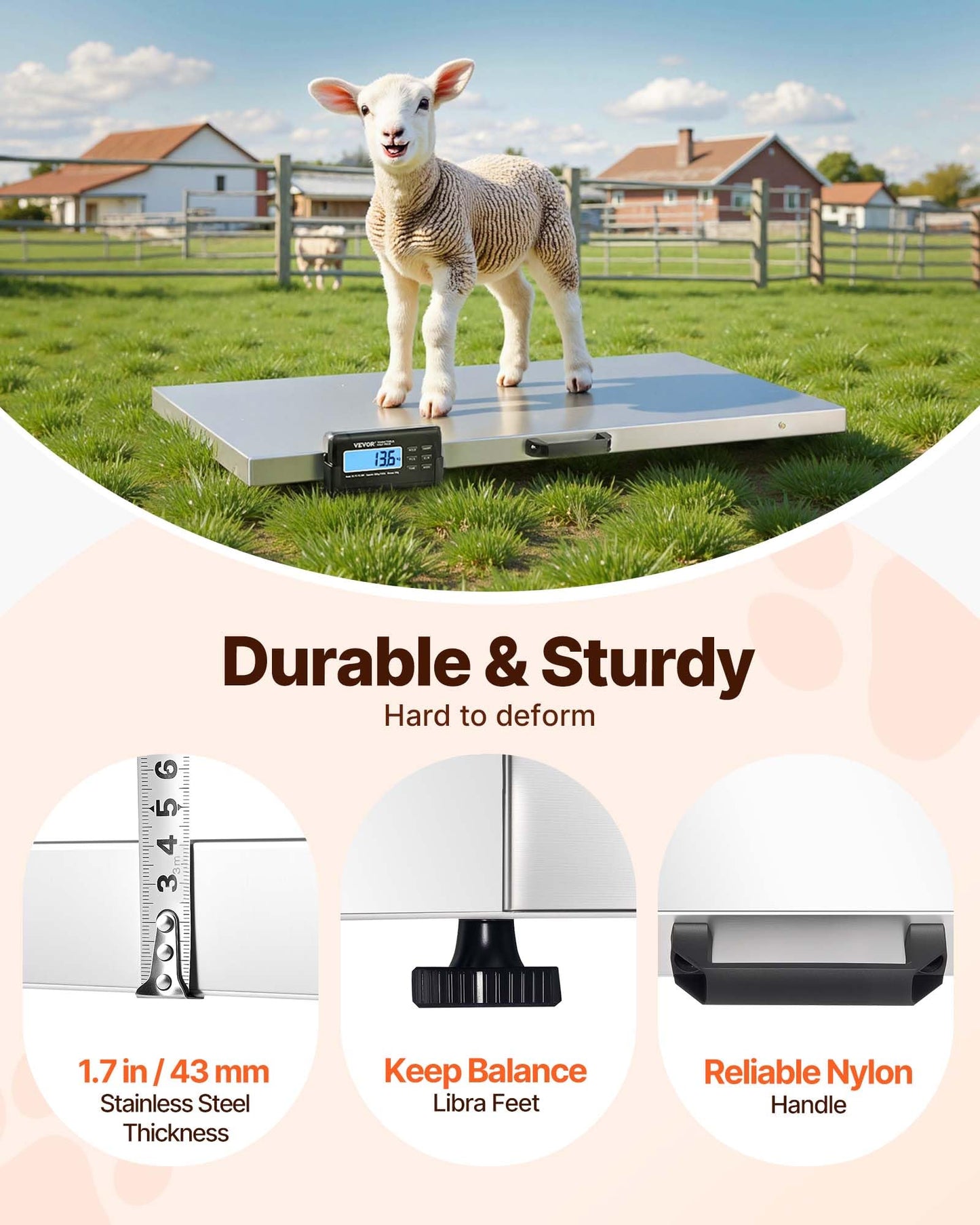 VEVOR 880Lbs x 0.2Lbs Livestock Scale Shipping Scales Large Platform 40.6x20.9Inch Stainless Steel Vet Scale Industrial Floor Scale Large Animal Dog Pig Scale Goat Weight Scale Pet Digital Scale