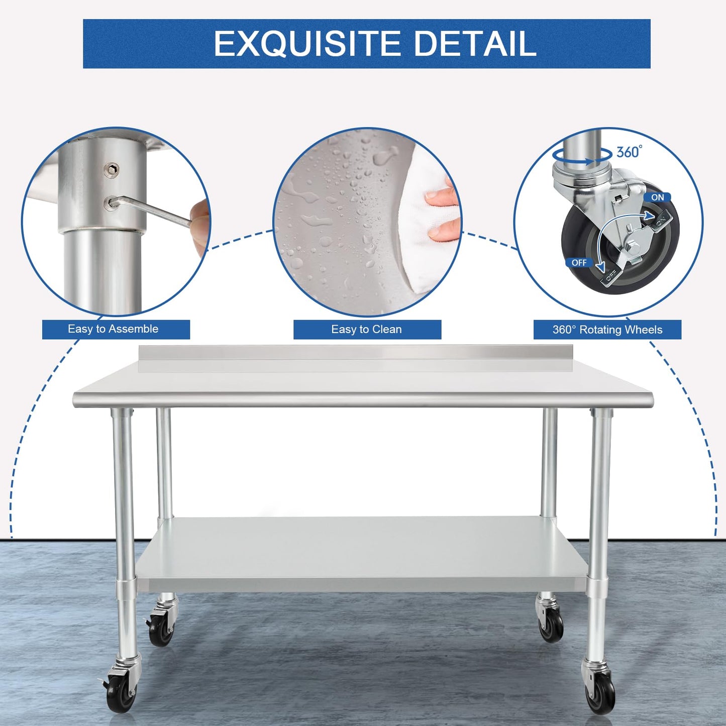 HARDURA Stainless Steel Table 24 x 48 Inches with Wheels Casters NSF Heavy Duty Commercial Prep Table with 2” Backsplash and Adjustable Undershelf for Restaurant Kitchen Home and Hotel