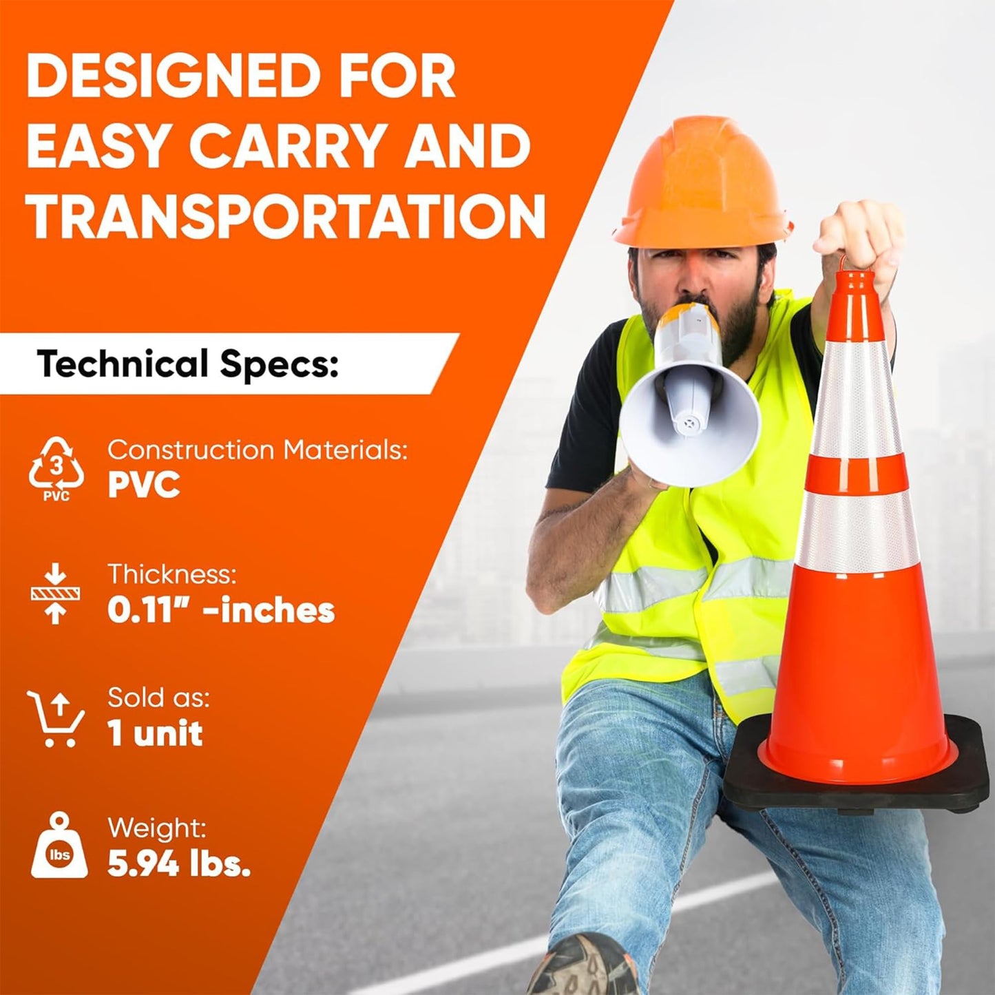 Pyle 28" PVC Traffic Cones, 8-Pack Safety Cones for Parking, Construction, Roadwork, & Sports Training, High-Visibility Orange, Durable, Stackable Design, Heavy-Duty Base for Stability in All Weather