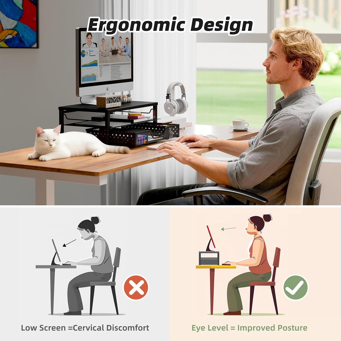 2-Tier Simple Trending Computer Monitor Stand Riser with Drawer, Desk Organizer for Home Office, Black