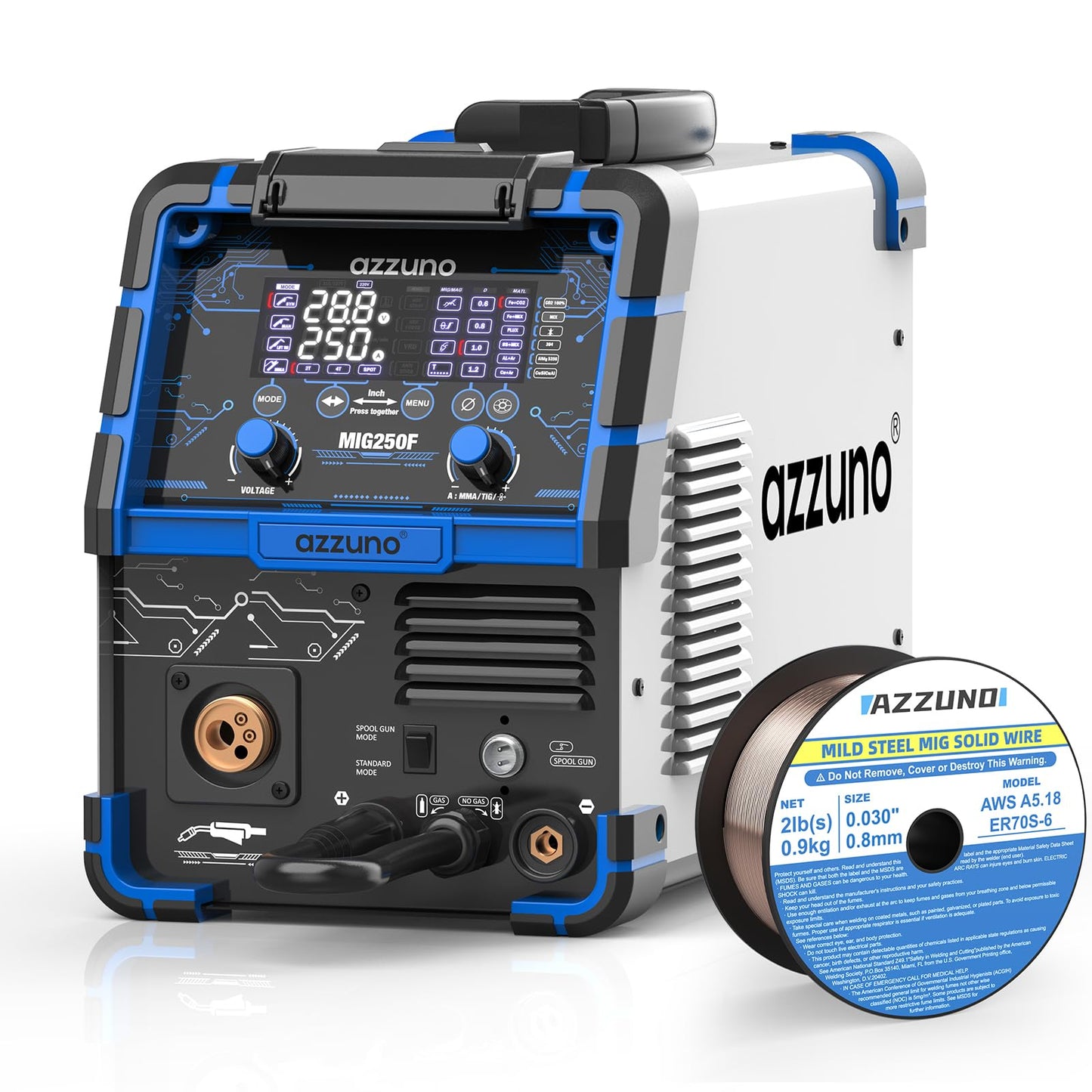AZZUNO Aluminum 250A MIG Welder & .030" 2LBS Solid MIG Welding Wire, 6 in 1 Gas MIG/Gasless Flux Core/Stick/Lift TIG/Spot Welding/Spool Gun Compatible Welding Machine 110V/220V Large LED Display Multi