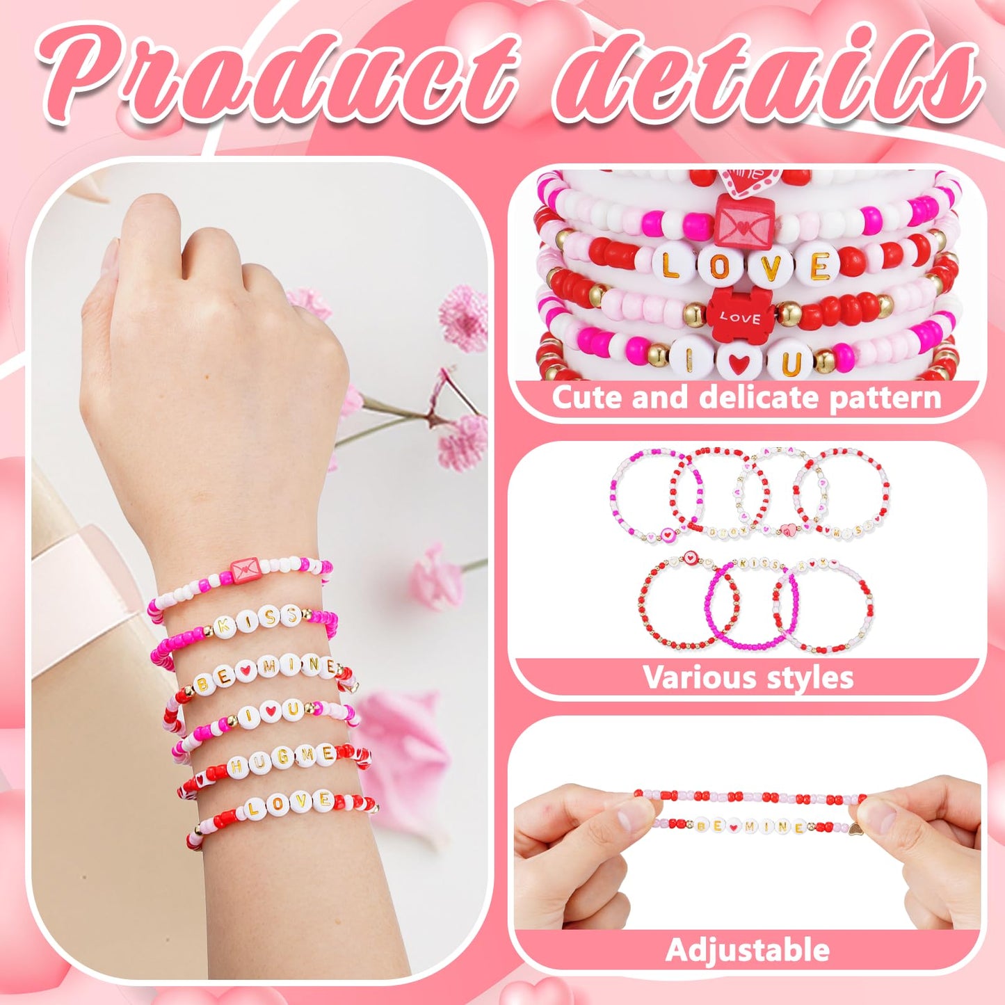 yesaior 60 pcs Valentine's Day Bracelets Bulk Colorful Friendship Adjustable Beaded Bracelets Bulk Women's Clay Surfer Heishi Jewelry for Women Men Gift Party Supplies (Valentine's Day)