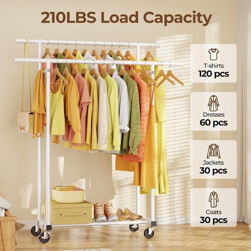 HYSEYY Rolling Clothes Rack - Sturdy Double Rod Portable Wardrobe for Bedroom & Laundry - White