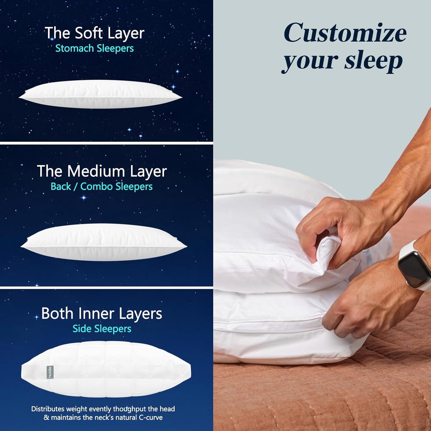 Skiennix Cooling Adjustable Pillows - Luxury Standard Size Set of 2 for Side Sleepers | Soft & Firm Comfort