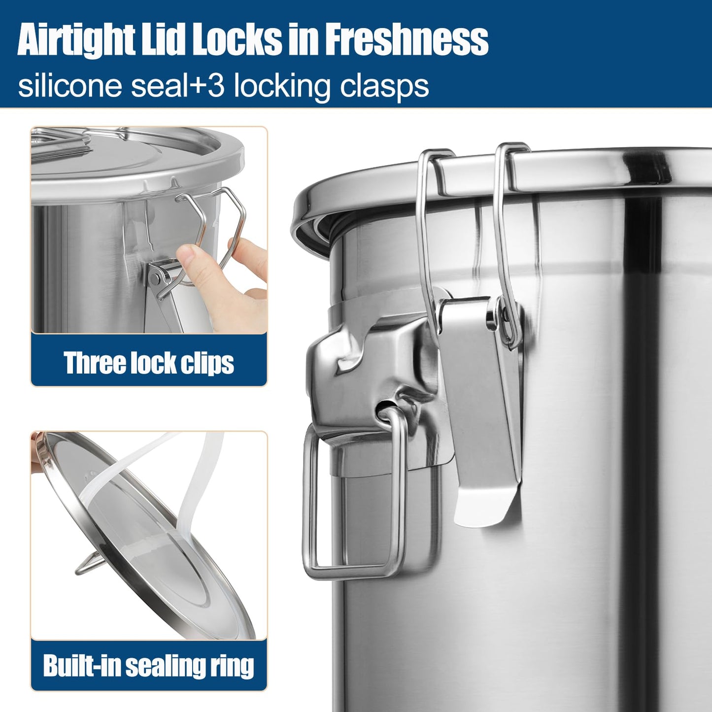 YinCukiEle 5.55Gal/21L Stainless Steel Airtight Canister, 304 Stainless Steel Food Storage Container, 710.4oz Large Metal Bucket with Lid and Lock Clips for Coffee Beans, Flour, Tea, Sugar, Cereals