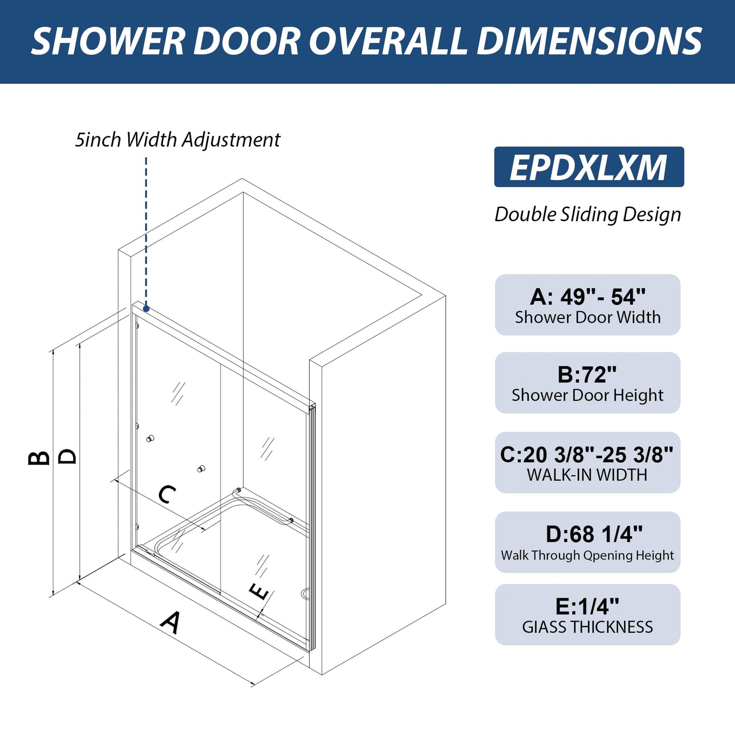 Double Sliding Shower Door 49-54" W x 72" H with Nano Anti-Explosion Safety Film, 1/4" (6mm) Tempered Glass Semi-Frameless Bypass Bathroom Shower Glass Doors,Matte Black