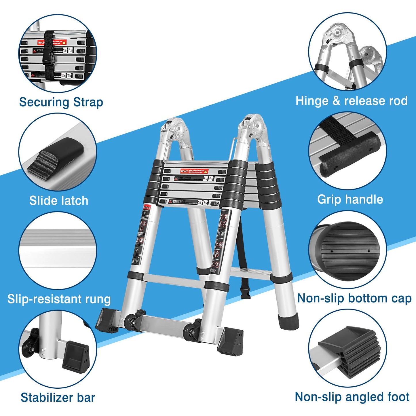 Wolec 12.5 FT A Frame Telescoping Ladder, Extension Multi-Purpose w/Balance Bar & Wheels, Ladder A Frame, Heavy Duty 330 lbs Max Capacity, Ideal for Home and Outdoor Work, Silver