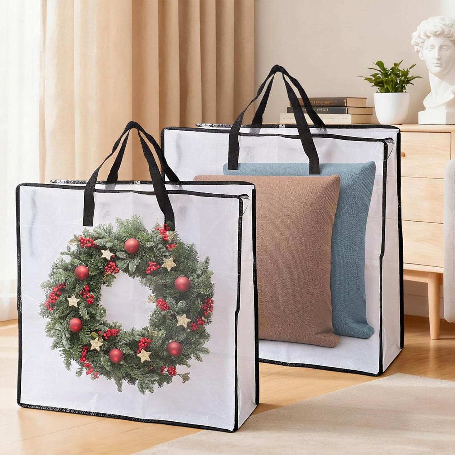 Skiennix Wreath Storage Container - 25-Inch Durable Polyester Bag with Handles for Holiday Decorations